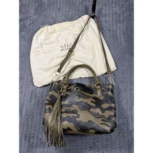 G.I.L.I. Leather Camo Shoulder Handbag Crossbody Purse Tassel Green Dust Bag